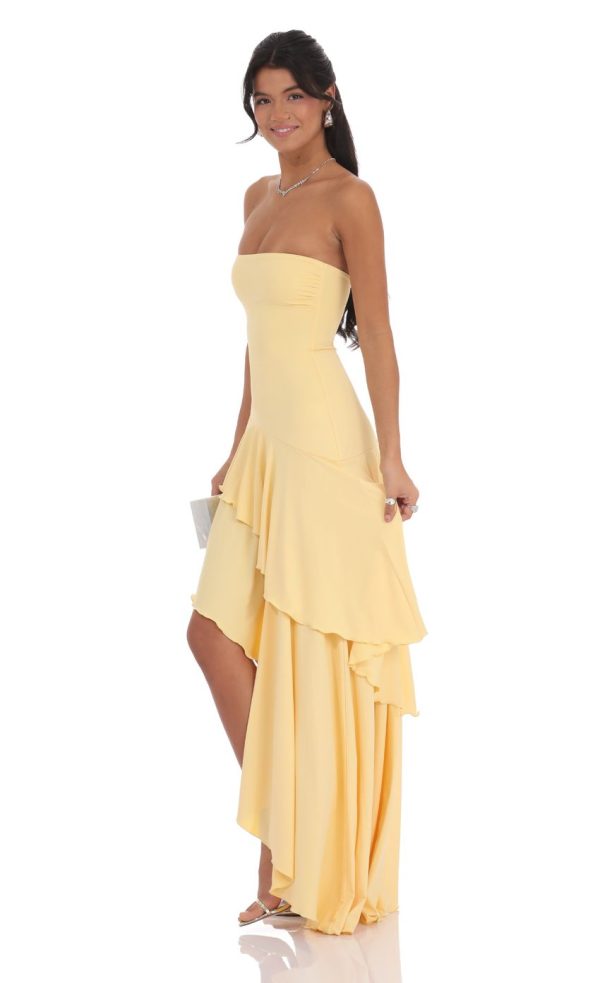 Strapless Ruffle Asymmetrical Maxi Dress in Yellow - Image 3