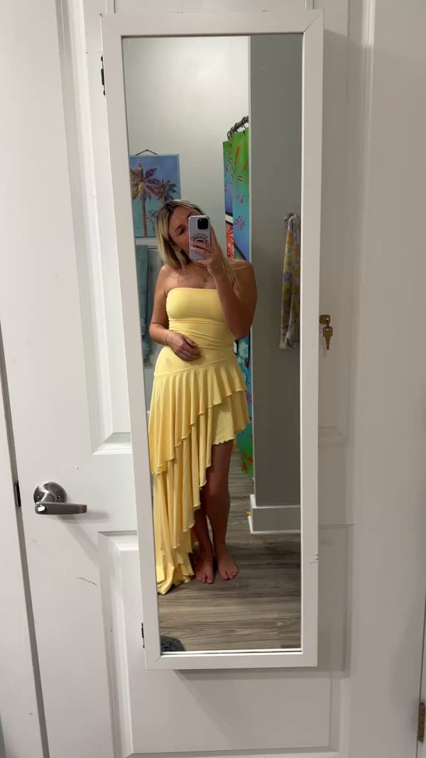 Strapless Ruffle Asymmetrical Maxi Dress in Yellow - Image 5