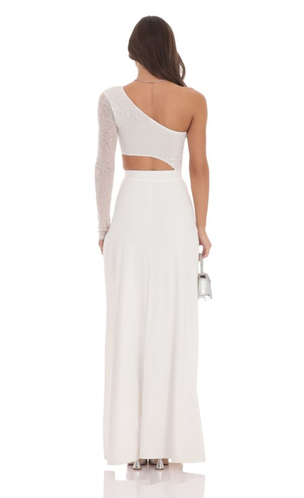 One Shoulder Sequin Maxi Dress in White - Image 2