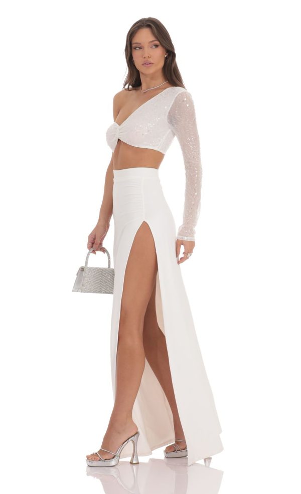 One Shoulder Sequin Maxi Dress in White - Image 3