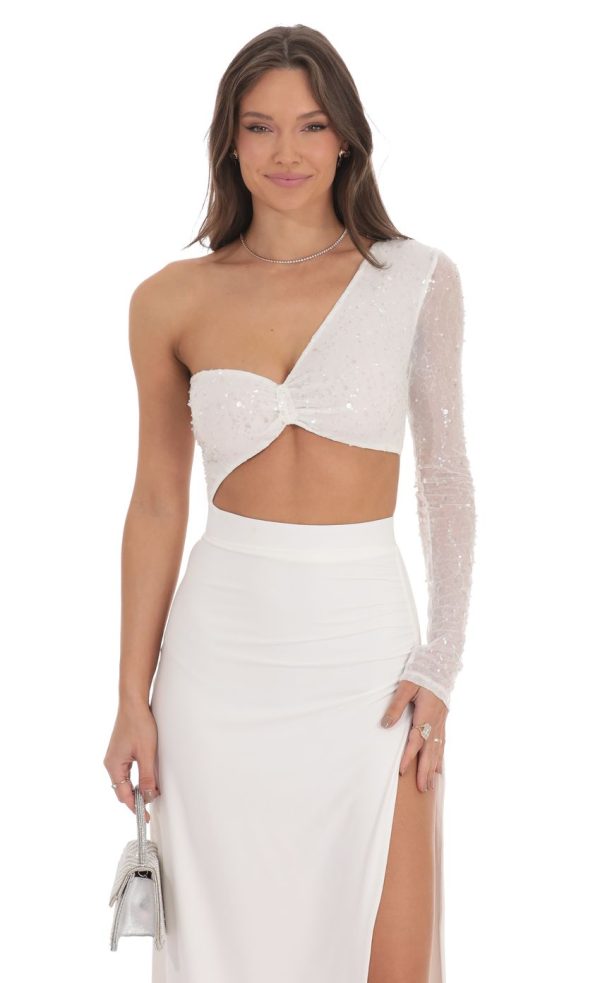 One Shoulder Sequin Maxi Dress in White - Image 4