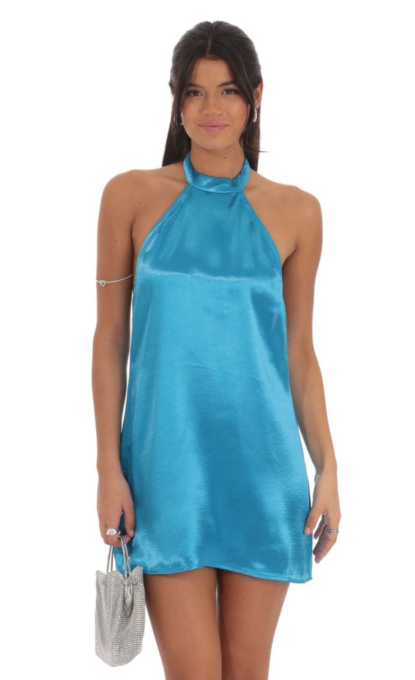Satin Halter Shift Dress in Bright Blue - Image 2
