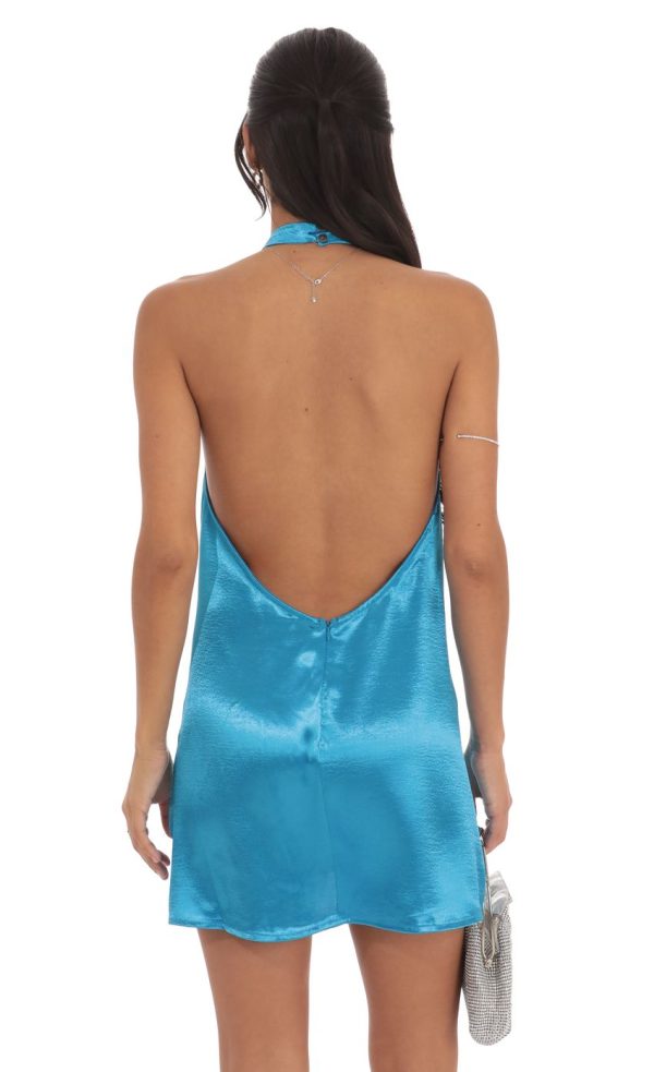 Satin Halter Shift Dress in Bright Blue - Image 3