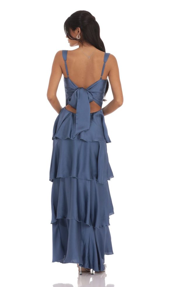 Satin Ruffle Maxi Dress in Slate Blue - Image 2