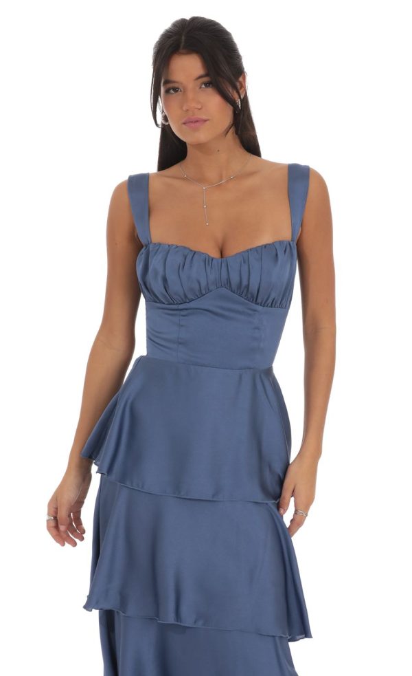 Satin Ruffle Maxi Dress in Slate Blue - Image 4