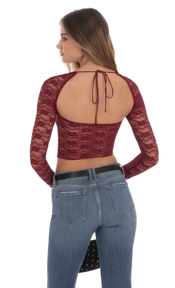 Lace Long Sleeve Top in Burgundy - Image 2
