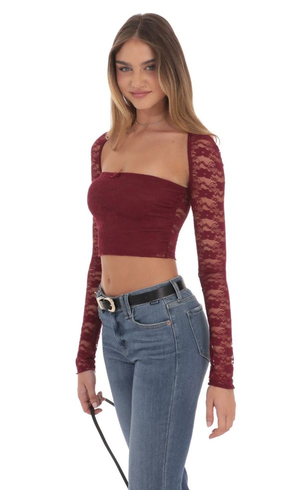 Lace Long Sleeve Top in Burgundy - Image 3