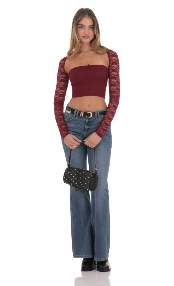 Lace Long Sleeve Top in Burgundy - Image 4