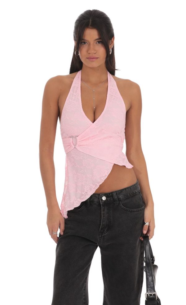 Lace Faux Wrap Halter Top in Pink