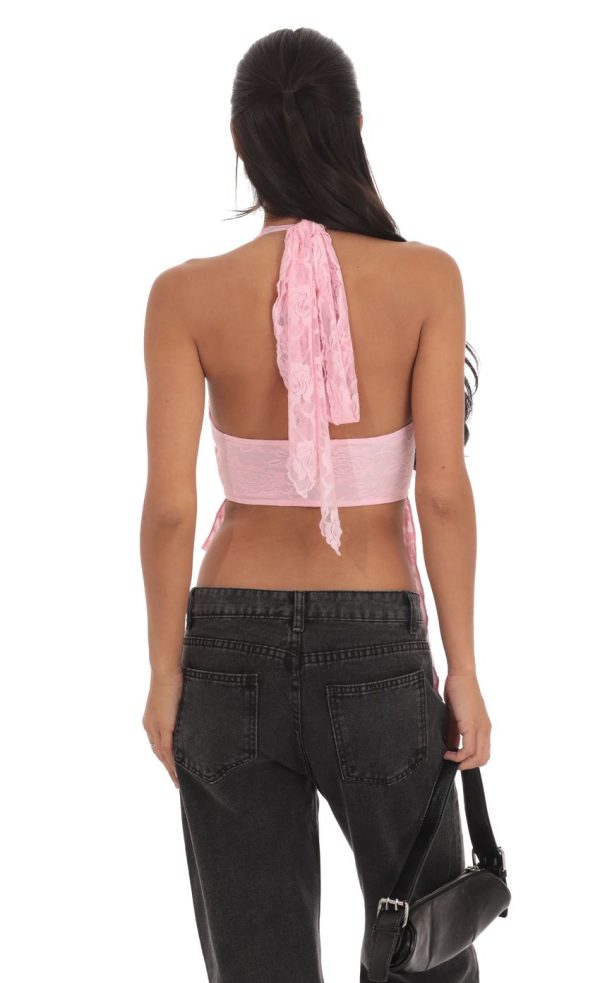 Lace Faux Wrap Halter Top in Pink - Image 2