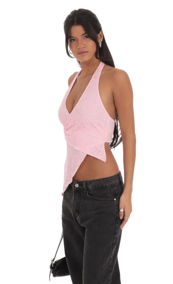 Lace Faux Wrap Halter Top in Pink - Image 3
