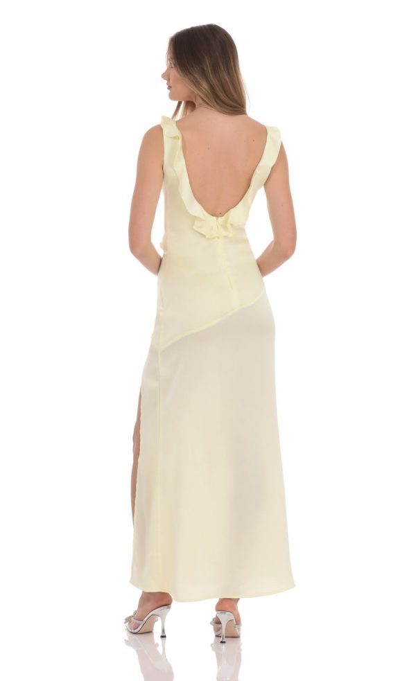 Satin V-Neck Open Back Maxi Dress in Pastel Yellow
