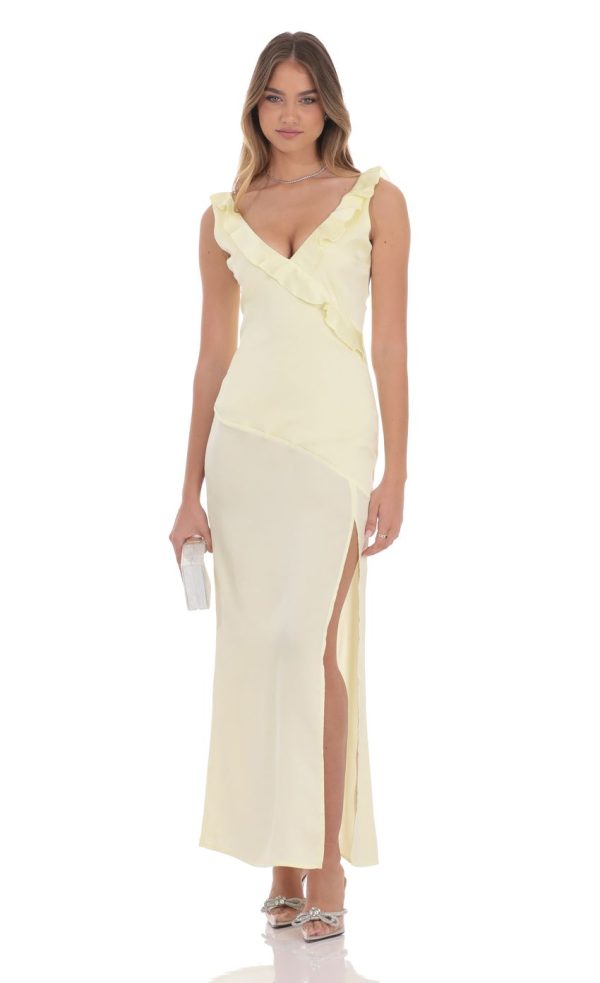 Satin V-Neck Open Back Maxi Dress in Pastel Yellow - Image 2