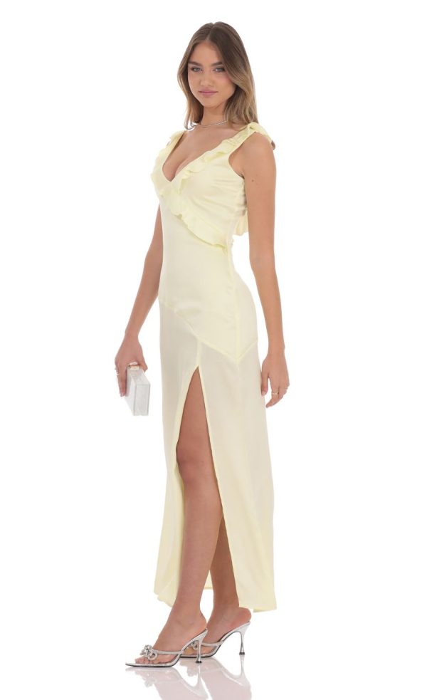 Satin V-Neck Open Back Maxi Dress in Pastel Yellow - Image 3