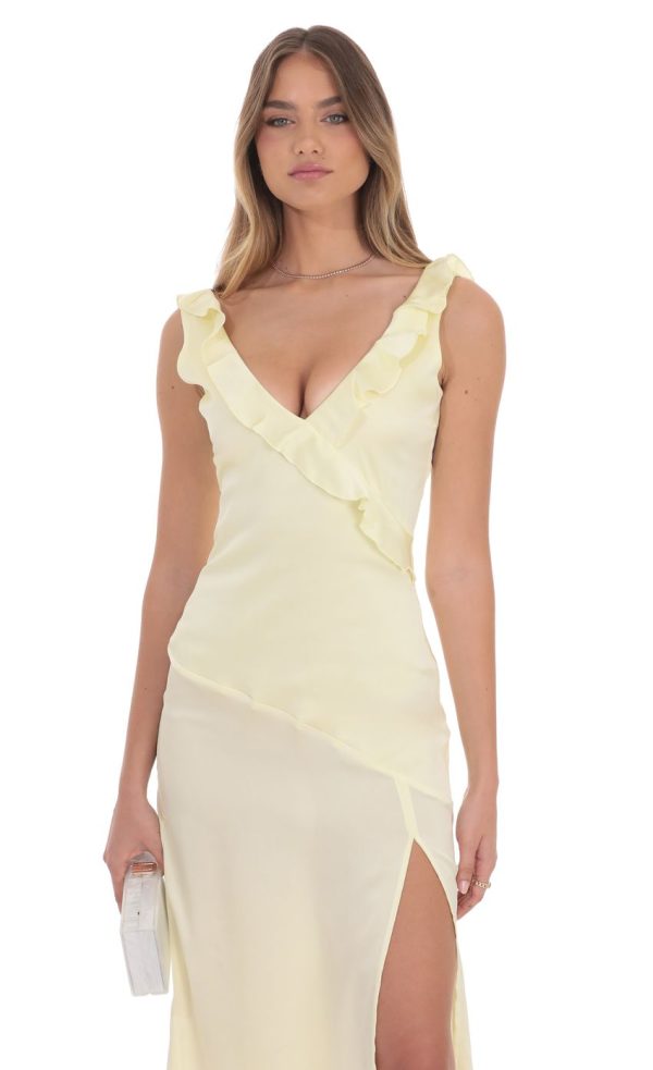 Satin V-Neck Open Back Maxi Dress in Pastel Yellow - Image 4