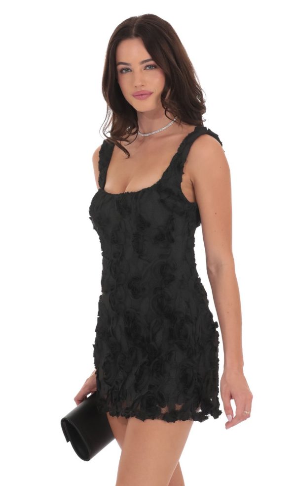 Textured Floral Bodycon Dress in Black - Image 3