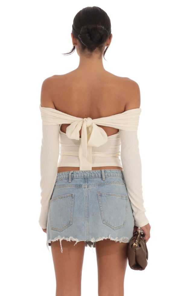 Ribbed Off Shoulder Back Tie Top in Cream