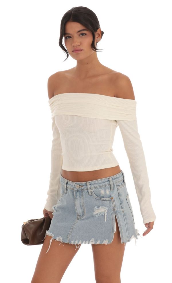 Ribbed Off Shoulder Back Tie Top in Cream - Image 3