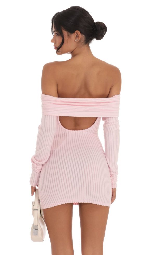 Ribbed Off Shoulder Open Back Dress in Pink - Image 2