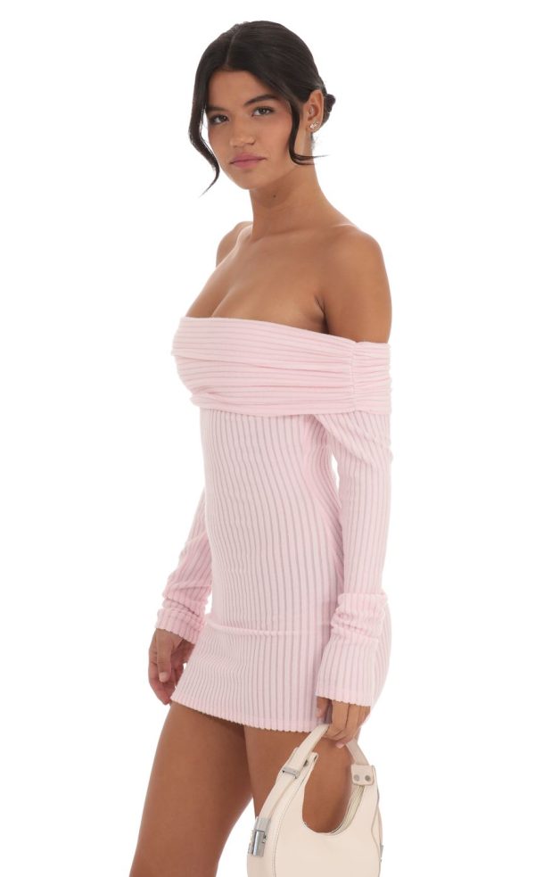 Ribbed Off Shoulder Open Back Dress in Pink - Image 3