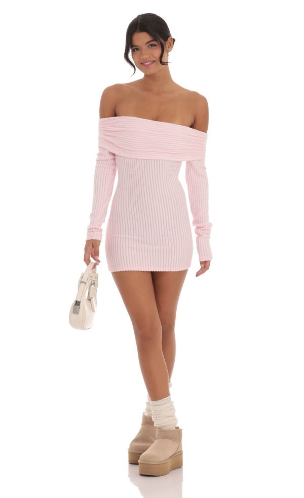 Ribbed Off Shoulder Open Back Dress in Pink - Image 4