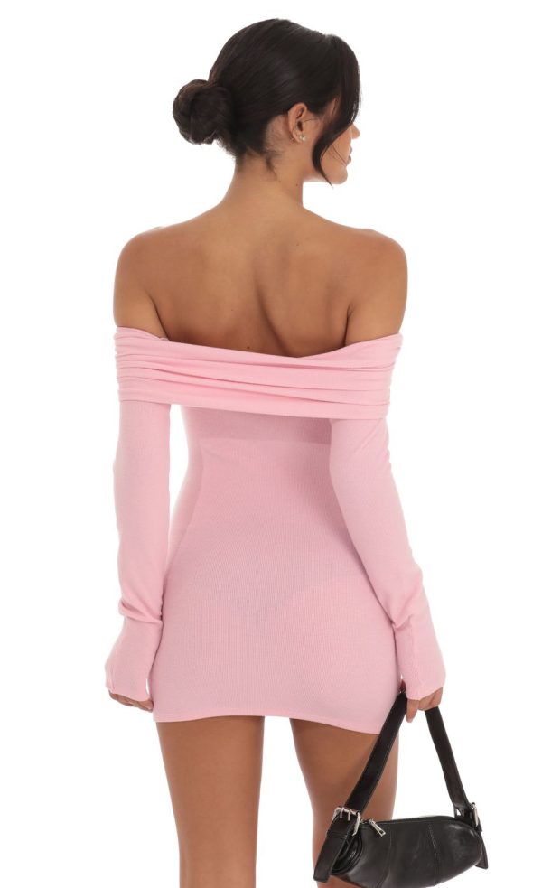 Twist Ribbed Off Shoulder Sweater Dress in Pink - Image 2