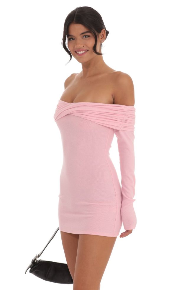 Twist Ribbed Off Shoulder Sweater Dress in Pink - Image 3