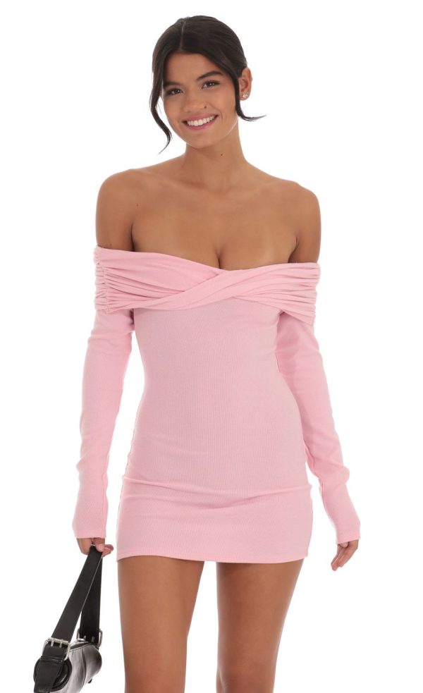 Twist Ribbed Off Shoulder Sweater Dress in Pink - Image 4