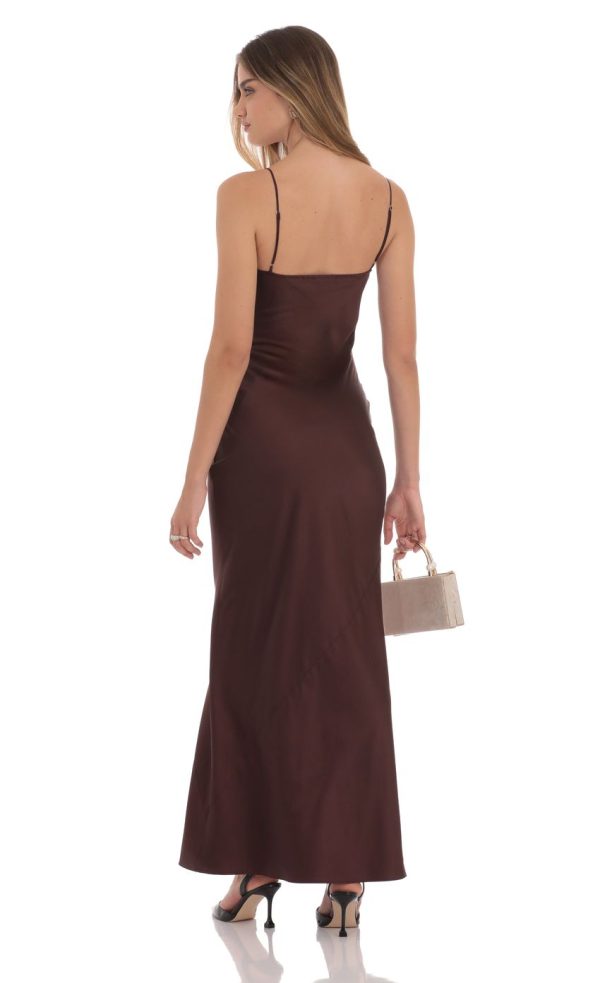 Satin Cutout Ties Maxi Dress in Brown - Image 2