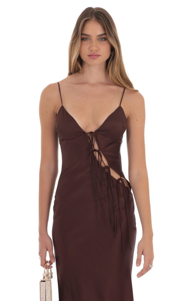 Satin Cutout Ties Maxi Dress in Brown - Image 4