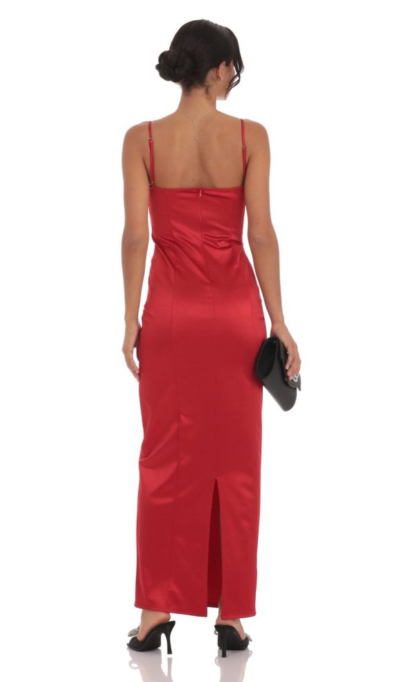 Satin Front Bow Maxi Dress in Red - Image 2