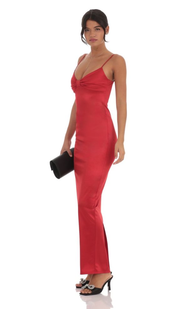 Satin Front Bow Maxi Dress in Red - Image 3