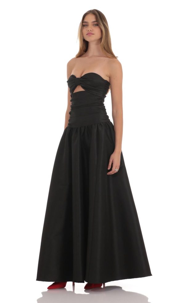 Cutout Drop Waist Strapless Maxi Dress in Black
