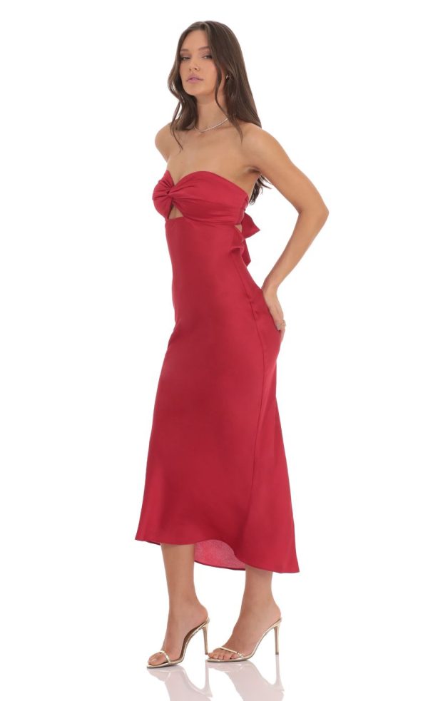 Satin Twist Cutout Midi Dress in Red - Image 3