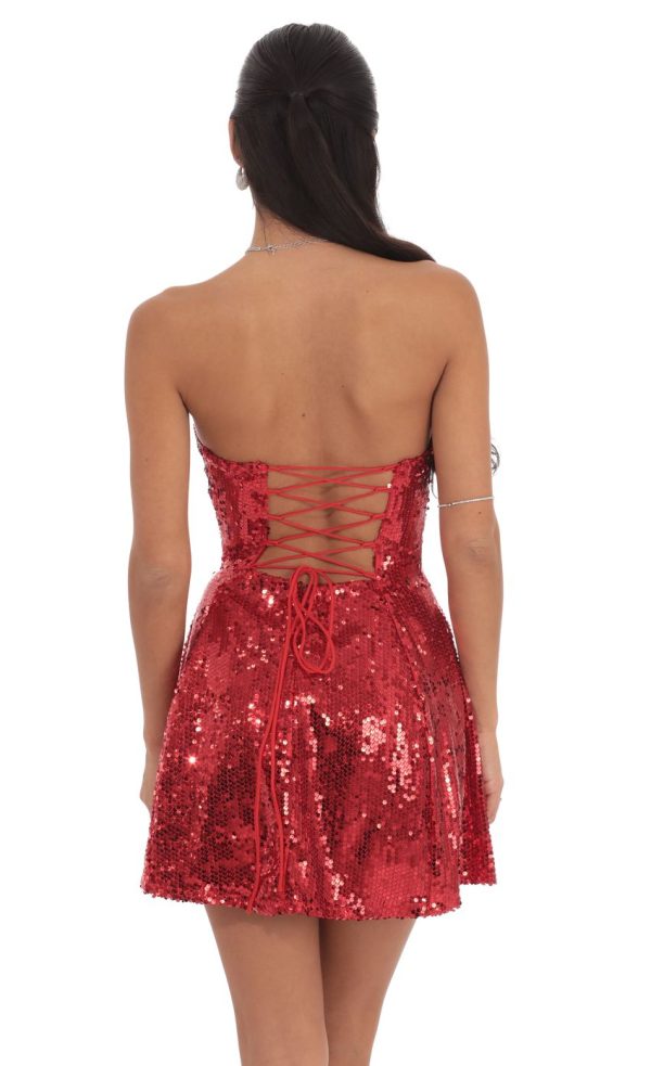 Sequin Strapless Fit and Flare Dress in Red - Image 2