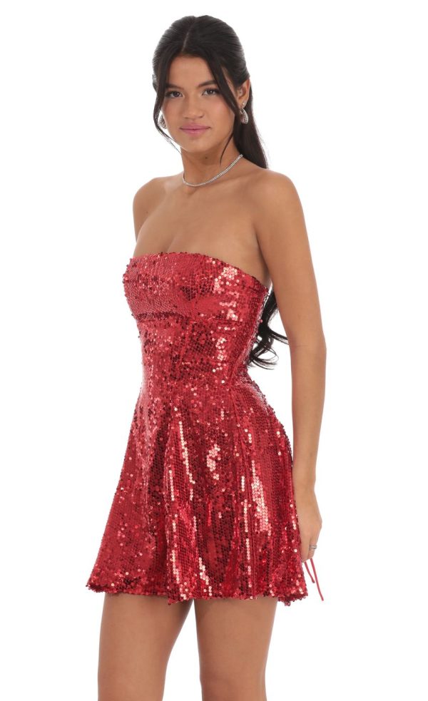 Sequin Strapless Fit and Flare Dress in Red - Image 3