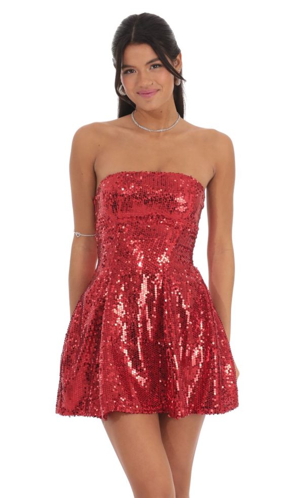 Sequin Strapless Fit and Flare Dress in Red - Image 4