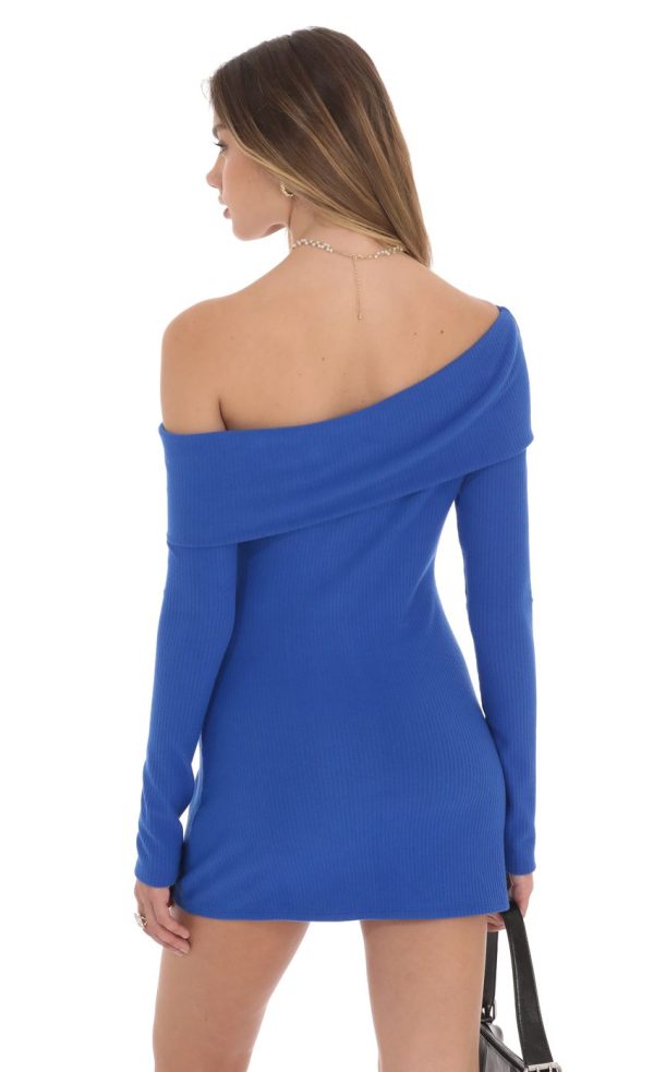 Ribbed Off Shoulder Dress in Blue - Image 2
