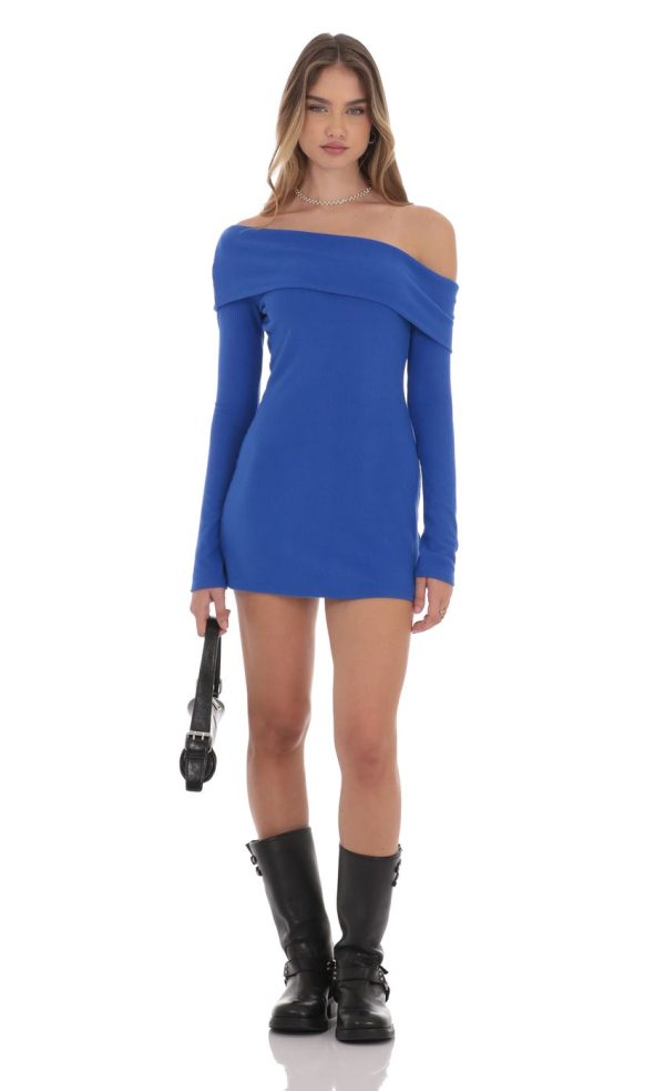 Ribbed Off Shoulder Dress in Blue - Image 4