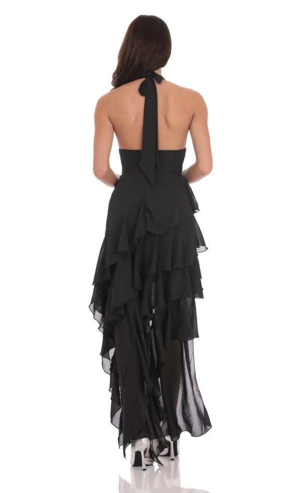 Asymmetrical Ruffle Maxi Dress in Black - Image 2