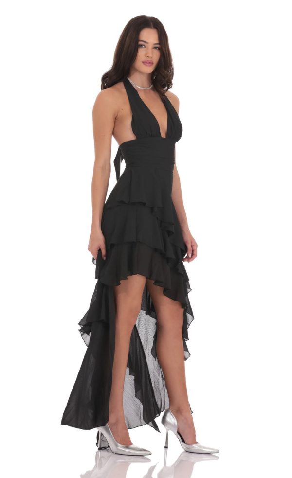 Asymmetrical Ruffle Maxi Dress in Black - Image 3