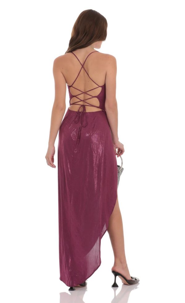 Foiled Asymmetrical Maxi Dress in Plum - Image 2
