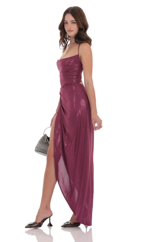 Foiled Asymmetrical Maxi Dress in Plum - Image 3