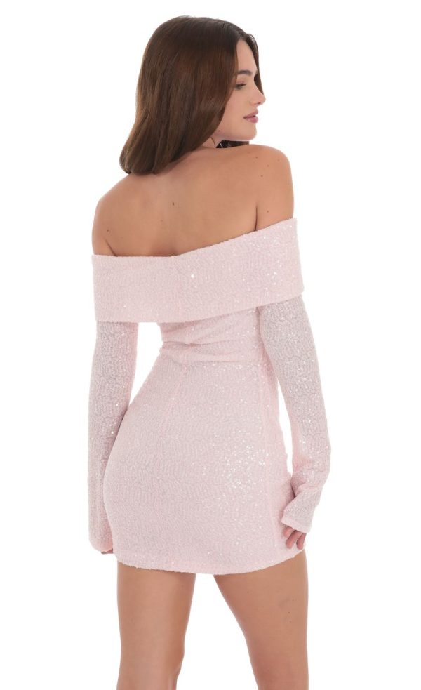 Sequin Off Shoulder Dress in Pink - Image 2