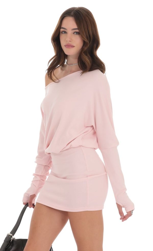 Off Shoulder Pencil Skirt Dress in Pink - Image 3