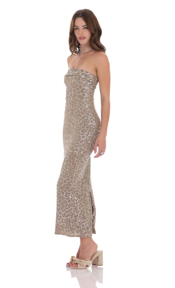 Strapless Metallic Maxi Dress in Cheetah Print - Image 3