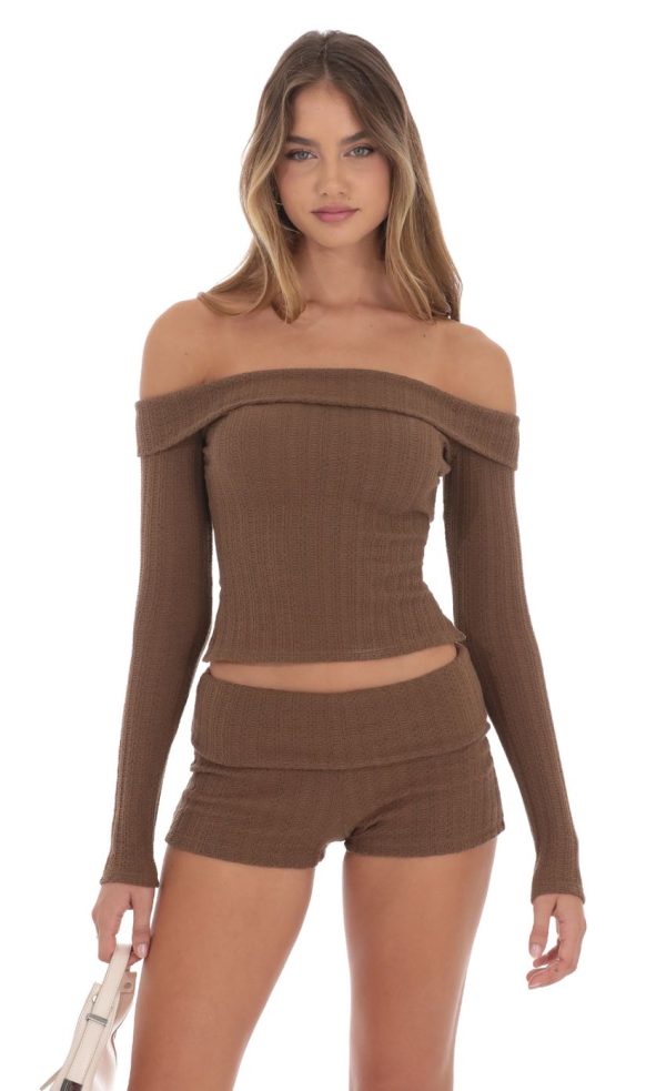 Knitted Off Shoulder Top in Brown