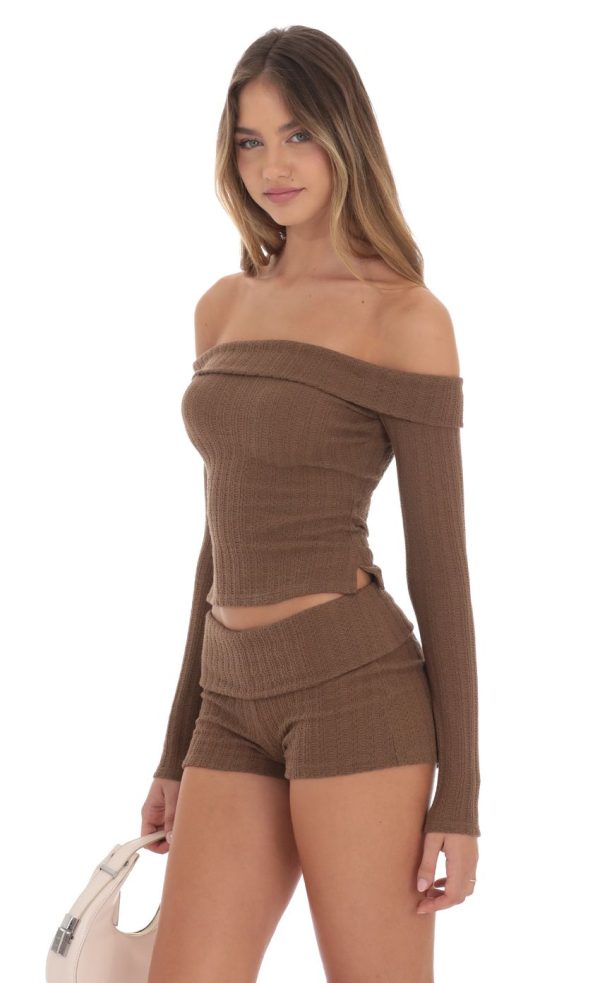 Knitted Off Shoulder Top in Brown - Image 3