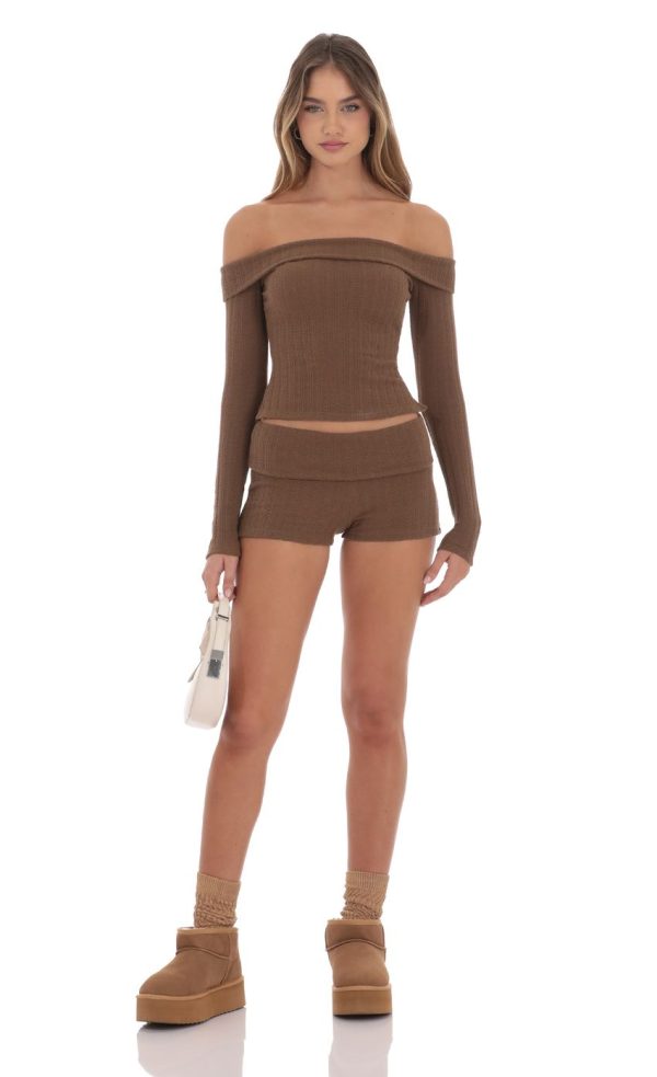 Knitted Off Shoulder Top in Brown - Image 4