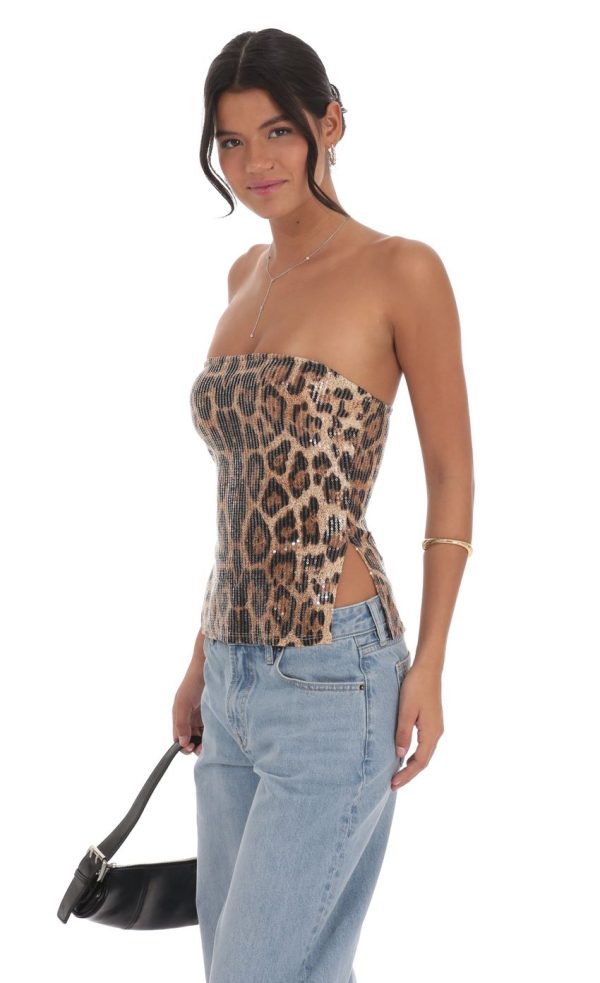 Sequin Slit Top in Cheetah Print - Image 3